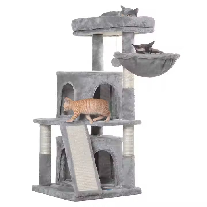 Arbre à Chat Élégant Gris & Beige – Repos, Griffes et Jeux Tout-en-Un