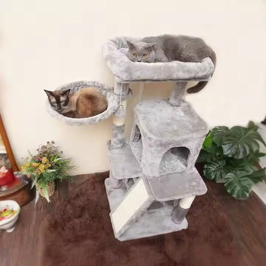 Arbre à Chat Élégant Gris & Beige – Repos, Griffes et Jeux Tout-en-Un