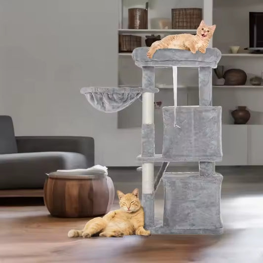 Arbre à Chat Élégant Gris & Beige – Repos, Griffes et Jeux Tout-en-Un